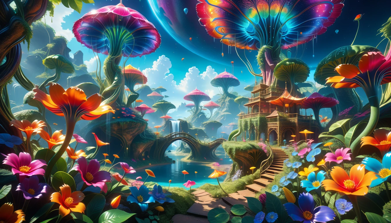 A Masterpiece In 32K Resolution: Supreme Quality, Super Detail, Official Art, Very High-Resolution 32K Wallpaper, Beautiful And Aesthetic, Ultra-Detailed Features, Awe-Inspiring Detail. A Surreal And Exotic Landscape Unfolds With Stunning Beauty In Every Corner, Vibrant And Filled With Color. The Scene Features A Mesmerizing Array Of Alien Flowers In Unique Shapes And Sizes, Alongside An Abundance Of Luscious, Otherworldly Fruits. Presented In Ultra-High Definition (4K Or 8K Resolution), Every Detail Is Captured With Precision And Clarity. The Image Boasts Extreme Realism, Providing An Immersive Experience That Transports The Viewer Into This Strange And Magical World. This Masterpiece Blends Illustration Techniques With Advanced 3D Rendering To Create A Breathtaking Visual Composition. The Bright, Vivid Colors Enhance The Surreal Quality Of The Environment, While Intricate Lighting Design Adds Depth And Texture, Showcasing Dynamic Shifts In Light And Shadow. This Piece Evokes Wonder And Curiosity, Drawing The Viewer Into An Extraordinary Realm Where Nature's Beauty Takes On An Entirely New And Awe-Inspiring Form.