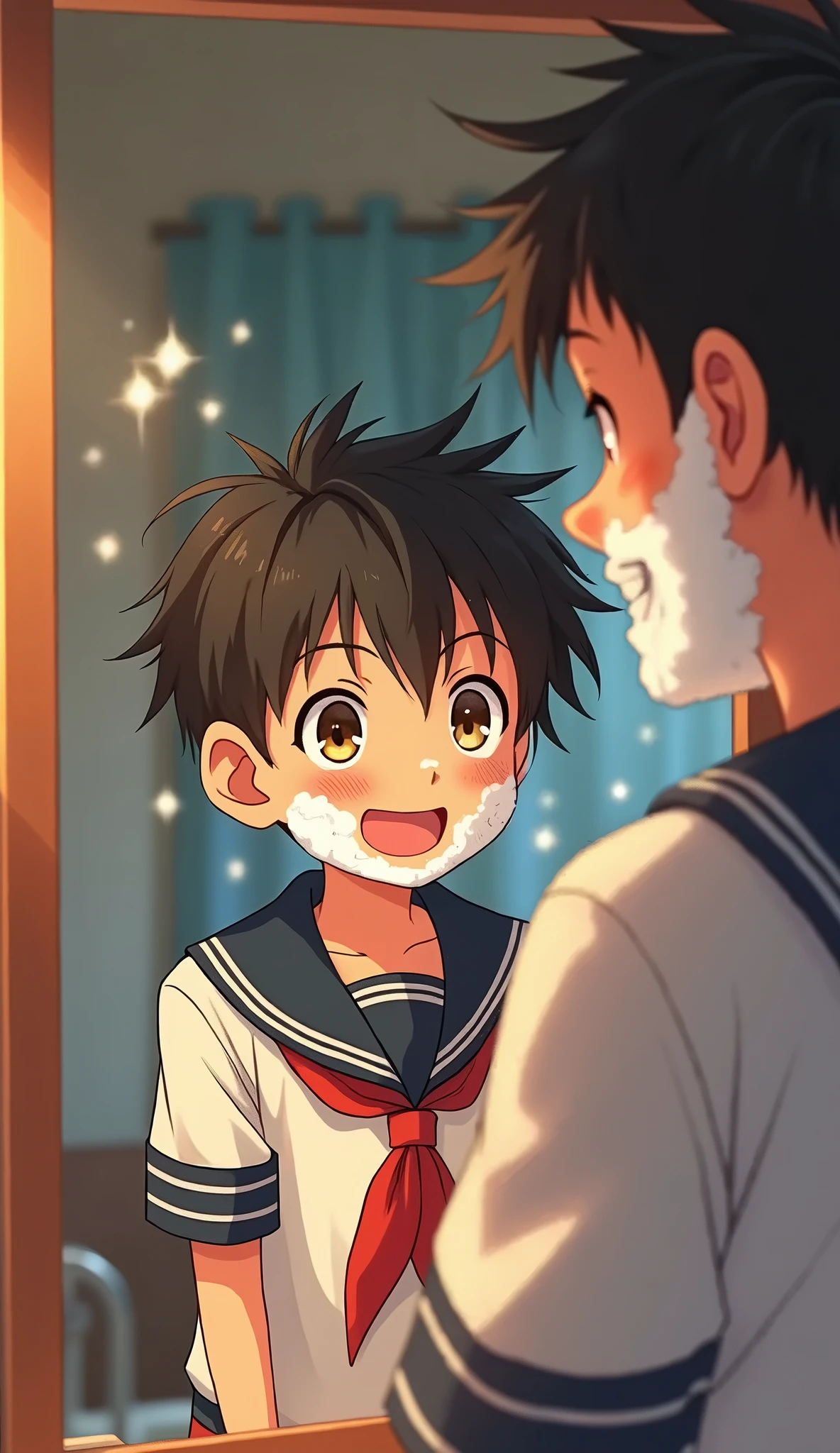 An anime boy dressed as a sailor imitating his father with shaving foam on his face, father laughing, detailed facial features, high resolution, photorealistic, vibrant colors, warm lighting, cinematic composition, masterpiece