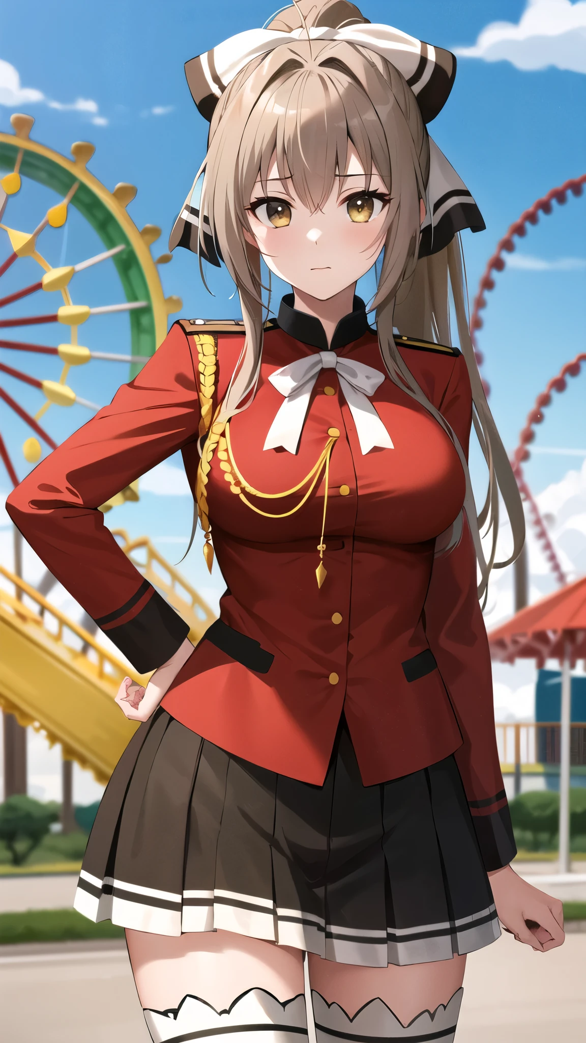 1girl,sento isuzu, brown eyes, brown hair, long hair, ponytail, antenna hair, bangs, hair intakes, hair bow, ribbon,red jacket, long sleeves, black pleated skirt, white thighhighs, uniform, aiguillette,oudoors,amusement park,masterpiece,best quality,ray tracing,photo-realisti ,looking at viewer,large_breasts<lora:Difference_3d2:1> <lora:add-detail-xl:2> <lora:SDXL_LORA_CHARACTER_SENTO ISUZU_V1:1>