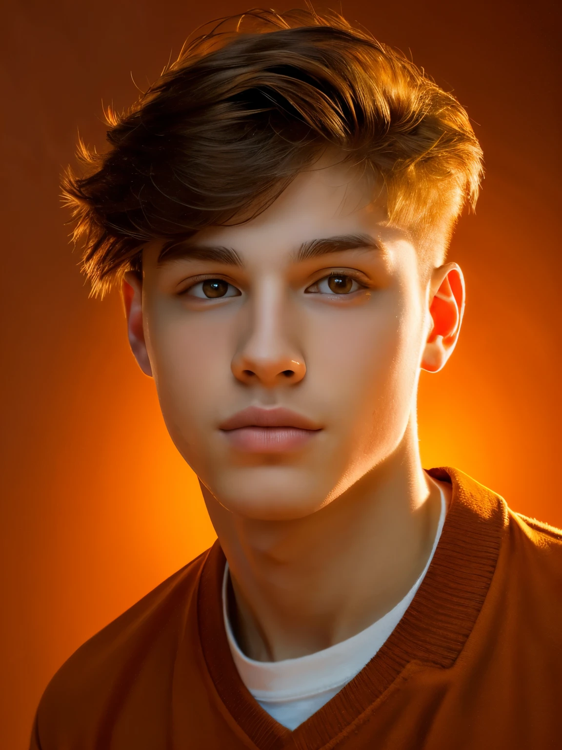 
highest quality, masterpiece, Ultra high resolution, Realistic, original photo, wallpaper, Photo portrait . light skin, abstract orange background, in detail, 1 Russian boy, 18 years old, school heartthrob , good looking, wind in the face , and I&#39;m talking, saw Alla Pugacheva , but I haven&#39;t met Gorbachev !