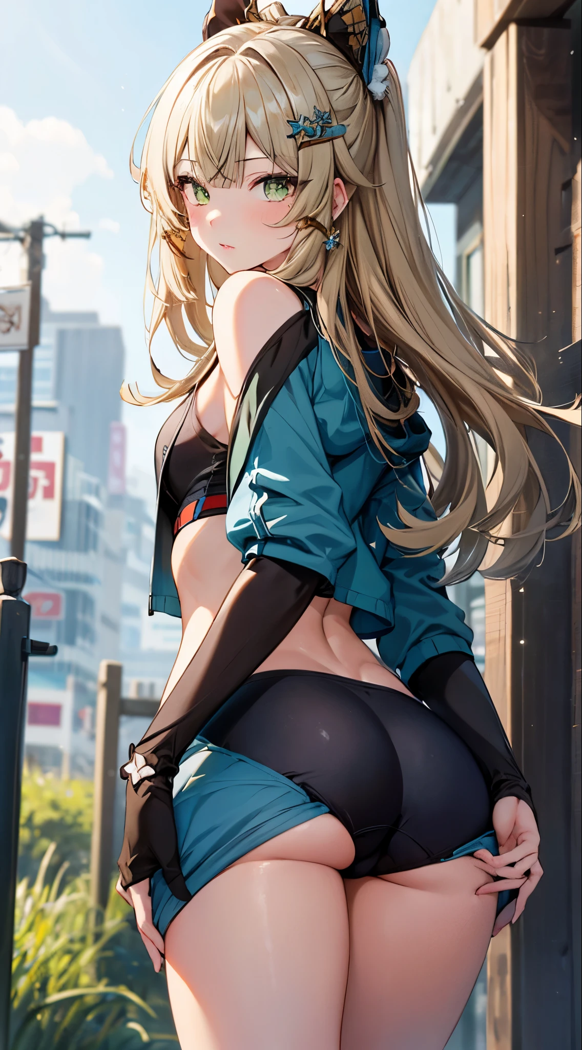 1girl, solo, blush stickers, blonde hair, green eyes, long hair, breasts, blush, bangs, large breasts, hair between eyes, wizard hat,dark magician girl,blue dress,white panty,(((raise ASS:1.3))),(ass focus,from behind:1.3),(looking back,all fours:1.3),(cameltoe:1.3),masterpiece,Noise Reduction,perfect anatomy,high resolution, ultra-detailed, ultra-detailed face,game cg,dutch angle ,beautiful detailed eyes,visualart,five fingers, perfect hands, perfect lighting, sparkling pupils,