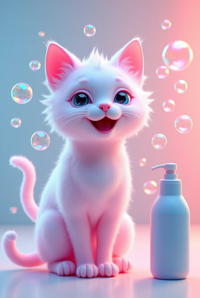 A comical cat made of bubbles, colored in soft pastel colors such as pink and light blue, the cat is making cute movements, a bottle of some kind of detergent is placed near the cat, high-definition real photo, 3D animation style