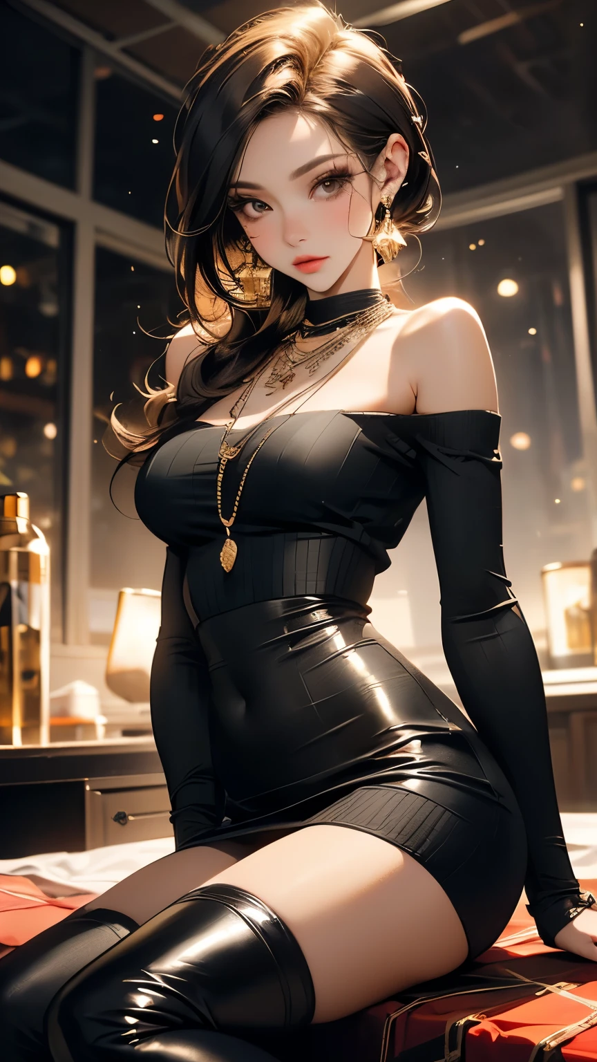 Woman with long hair straight, cheetah skin in shirt, high detailed, realistic, ultra realistic, villain, cheetah skin shirt and ((black skinny pant)), cheetah skin shirt, ((red eyes))