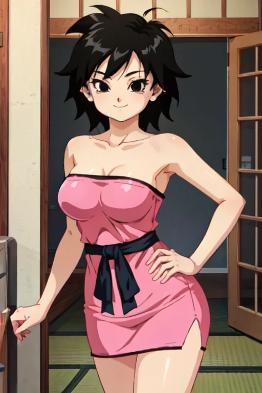 gine, 1girl, solo, mouth closed, black hair, black eyes, city, bare shoulders, medium breast, collarbone, cowboy shot, short hair, looking at viewer, smile, looking at viewer, spiked hair, strapless pink tube dress, left hand on hips, Japanese panel door, standing up, indoors