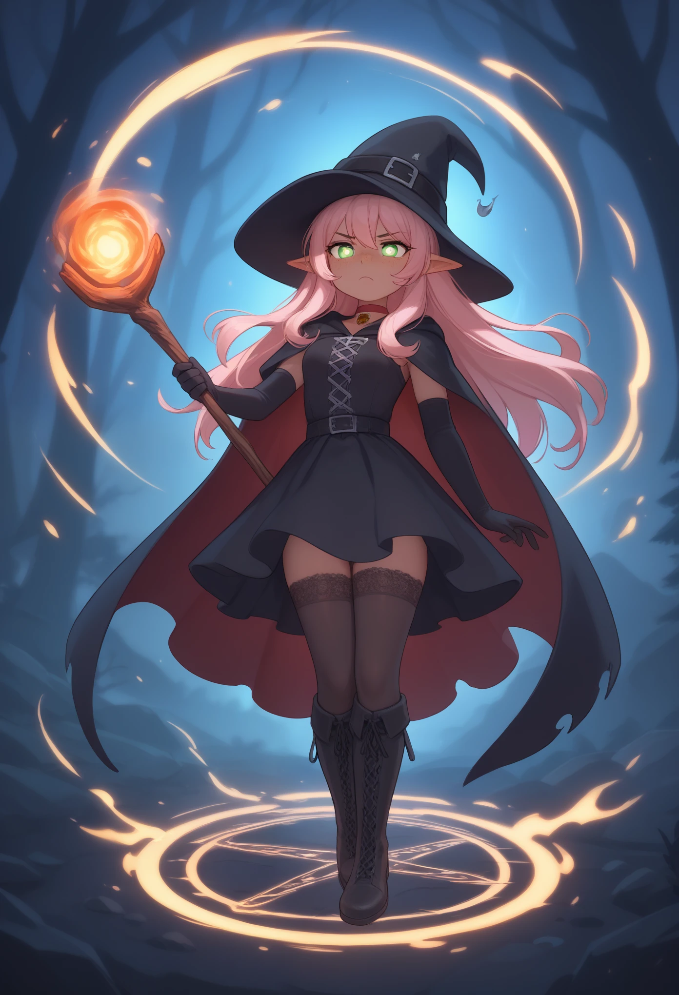 girl, dark skin, black skin, bright green eyes, yellow sclera, bright pink hair, long hair, messy hair, witch attire, witch costume, sharp ears, elven ears, pointed ears, black dress, witch hat, magic staff, holding staff, magical tome, holding book, floating book, levitating book, glowing book, arcane symbols, magic circle, gloves, long gloves, stockings, high boots, leather boots, cape, flowing cape, floating, glowing eyes, spellcasting, night sky, moonlight, stars, eerie glow, elemental magic, fire magic, water magic, wind magic, earth magic, lightning magic, ice magic, glowing orbs, fireball, water orb, lightning bolt, swirling wind, rock shards, floating crystals, ice shards, magical aura, enchanted forest, fantasy setting, gothic atmosphere, eerie atmosphere, mystical, mysterious, spell book, magical symbols, powerful, confident, dynamic pose, glowing runes, casting spells, full body, magic light, magical energy, elemental effects, blood red choker, tight choker, intricate details, glowing magical energy, Ethereal runes, glowing eyes, alluring expression, flawless skin, delicate facial features, dark magic, r mysterious aura, freckles, body freckles, heavy freckles, breathtaking scenery, short, chibi, frown, clawed hands, a long sinister tail, bored, serious expression, ethereal winter forest,