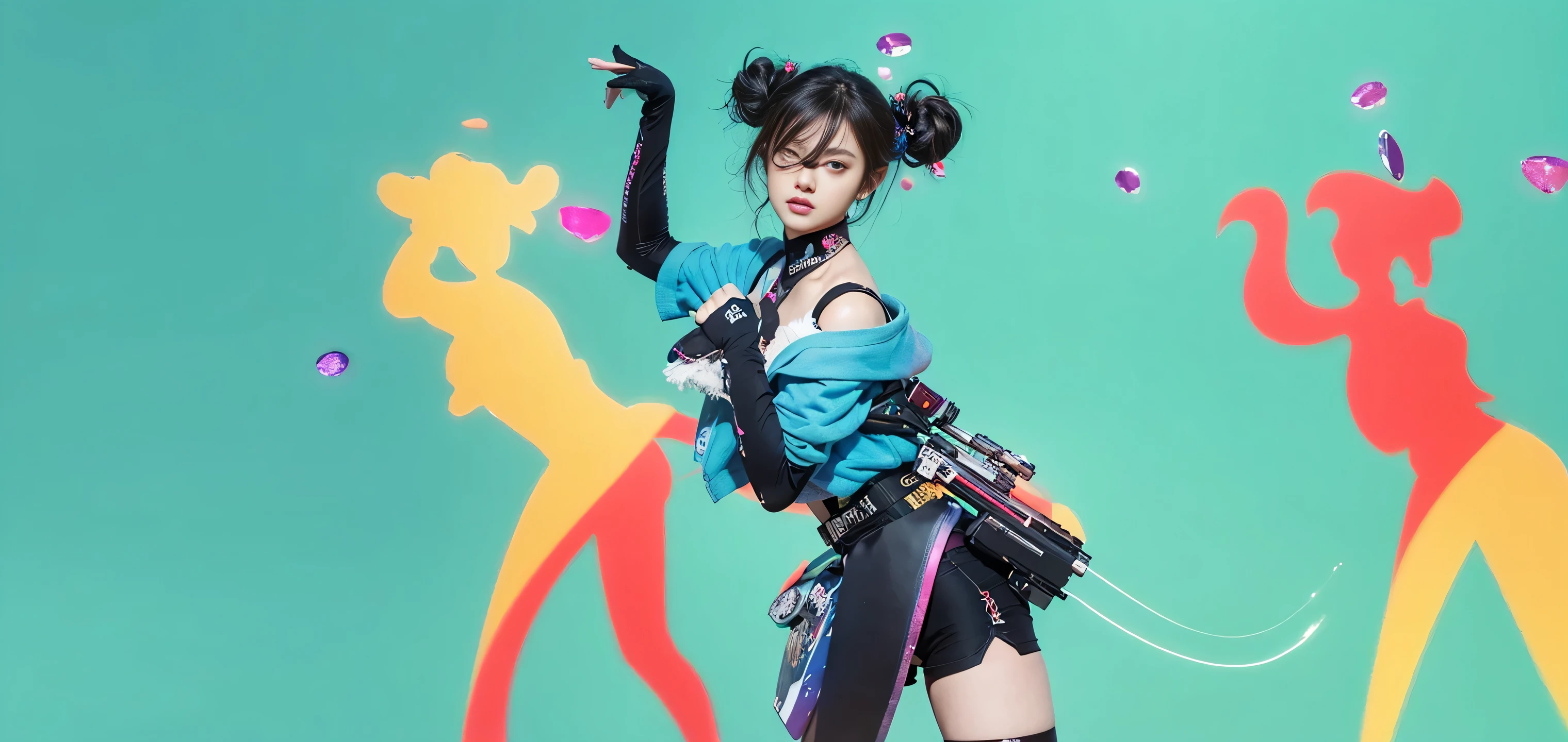 (best quality), masterpiece, extremely detailed CG uniform 8K illustration, high color, extremely high color saturation, all colors deepened, paint, graffiti art, center composition, extremely detailed light and shadow, graffiti wall, wall painted bright, 1 girl graffiti 1 girl looking at the wall, extremely detailed face and eyes, medium length hair, sportswear, colored clouds