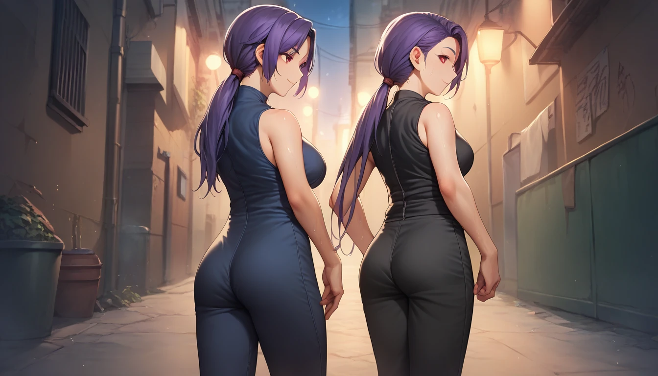 Score_9, Score_8_up, Score_7_up, One Girl,smile, Hirokazu Koyama ,Sweaty,sexy,Pixel Perfect,Large Breasts,Anatomically correct, Masterpiece Highly detailed,8k,(Fits your body,Rider Suit,Sleeveless,Thin fabric),, Red eyes, ( Long Hair, Purple Hair, Parted bangs,Low Ponytail, ), standing,クローズup, (background,night,Back Alley,)