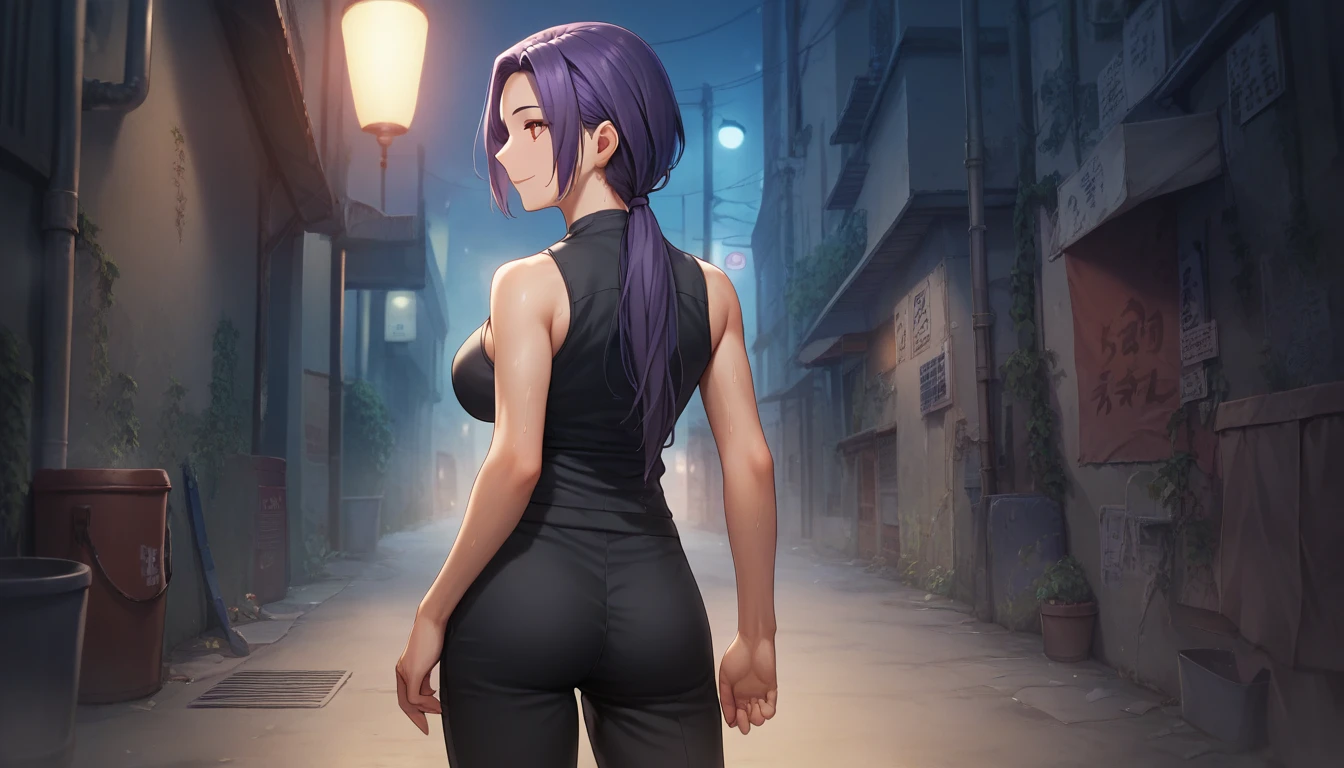 Score_9, Score_8_up, Score_7_up, One Girl,smile, Hirokazu Koyama ,Sweaty,sexy,Pixel Perfect,Large Breasts,Anatomically correct, Masterpiece Highly detailed,8k,(Fits your body,Rider Suit,Sleeveless,Thin fabric),, Red eyes, ( Long Hair, Purple Hair, Parted bangs,Low Ponytail, ), standing,クローズup, (background,night,Back Alley,)