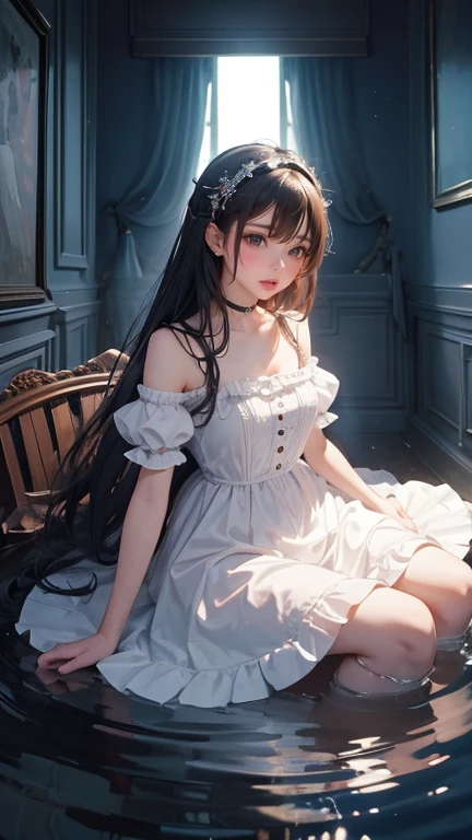 Girl in white dress and black shoes poses for photo, white!!, white monochrome color!!!!!, Full body!!, maid dress, loli in dress, white! Dress, White Dress, Cute dress, Lolita style, angelic pretty, White Dress!! A dark-haired、pale-blue