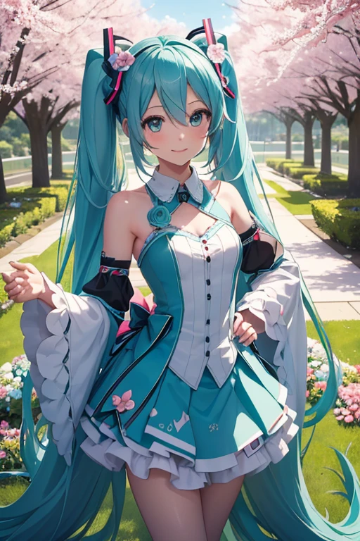hatsune miku,Sakura twin tails,beautiful cherry blossom eyes,white skin,hatsune miku costume,white ruffle dress,green ribbon around neck,super high quality,super high quality,masterpiece,digital single lens reflex,realistic,Detailed details,vivid details,depicted in detail,detailed face,Detailed details,Super detailed,realistic skin texture,based on anatomical basis,perfect anatomy,anatomically correct hand,anatomically correct fingers,Complex 3D rendering,sexy pose,Beautiful cherry blossom trees,fantasy world view,Fantastic night view,fantastic night sky,beauty like a painting,Take a full body photo,nine-headed body,pink lip,Beautiful curly hair,emphasize the beautiful whole body,smile,