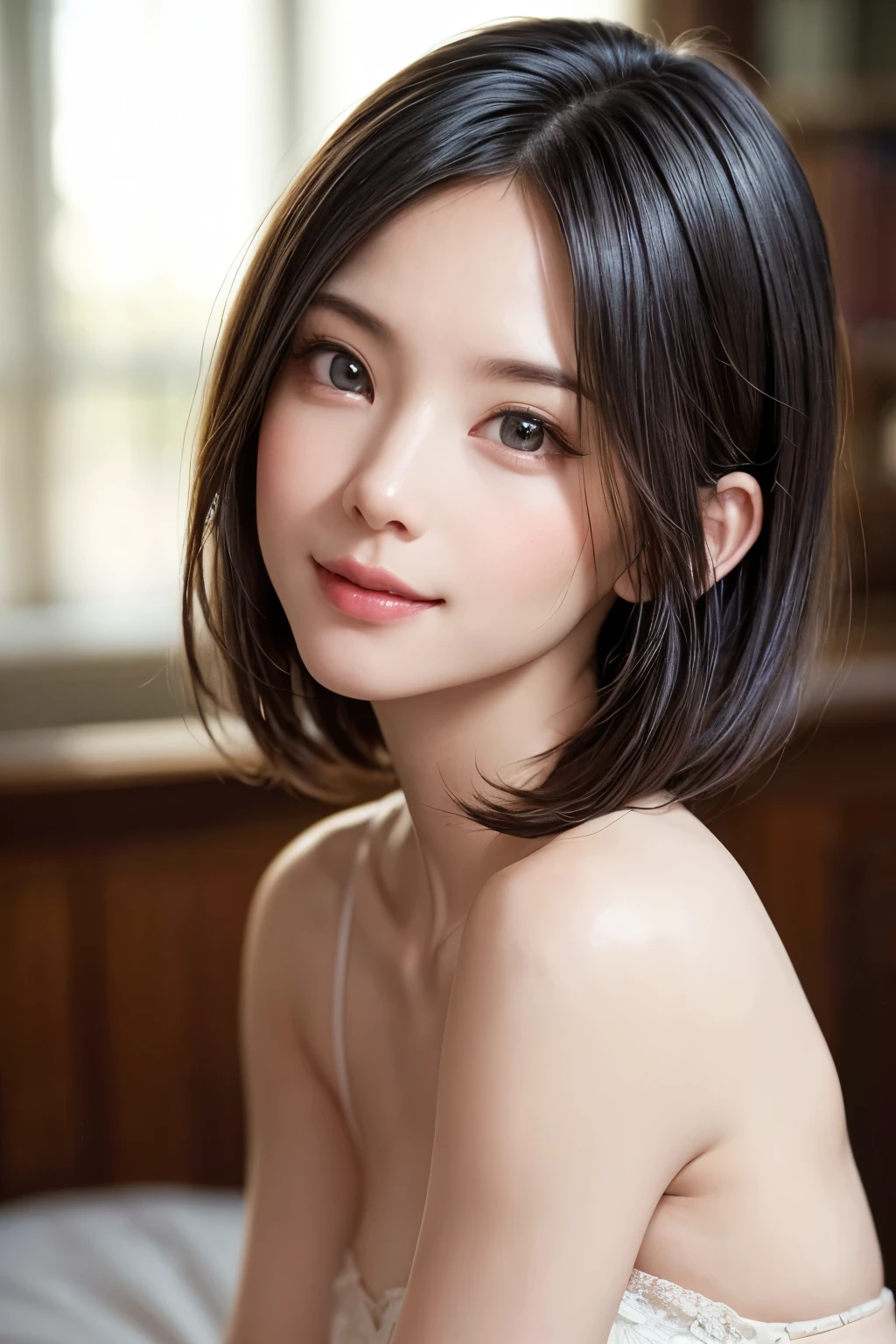 zydG, 1girl, detailed skin, looking at viewer, brown eyes, (short hair with bangs:1.2), (medium breasts:1.0), (medium areolae:0.8), 
(photorealistic:1.4), (best quality:1.0), (ultra highres:1.0), 8k, RAW photo, (masterpiece:0.2), (pureerosface_v1:0.5)