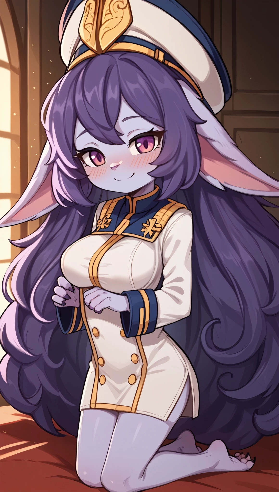 score_9, score_8_up, score_7_up, best quality, masterpiece, (absurdly high resolution:1.4), (short, diminutive, smol), yordle, (humanoid, light purple skin, purple eyes, (long ears, horizontal ears), long horizontal yordle ears, feminine), claws, barefoot, cute, adorable, slim, thin, (dark purple hair, fluffy hair,), large breasts, sleepy expression, blush lines, submissive), solo, Expressive, young, expressive, ears up, best quality:1.2), (solo), (1girl), best quality, ultra detailed, solo, blushing, cute, smile, navy admiral outfit, Admiral hat,