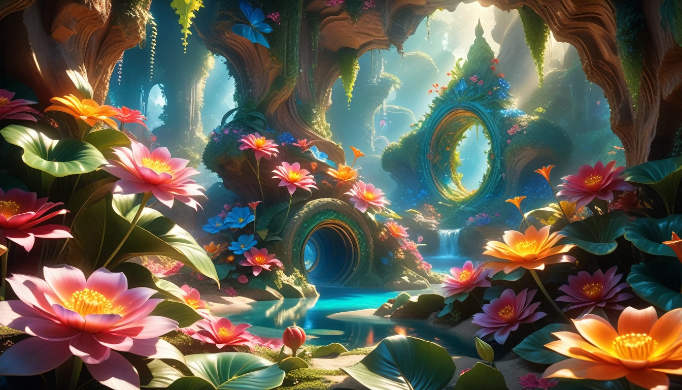 A Masterpiece In 32K Resolution: Supreme Quality, Super Detail, Official Art, Very High-Resolution 32K Wallpaper, Beautiful And Aesthetic, Ultra-Detailed Features, Awe-Inspiring Detail. A Surreal And Exotic Landscape Unfolds With Stunning Beauty In Every Corner, Vibrant And Filled With Color. The Scene Features A Mesmerizing Array Of Alien Flowers In Unique Shapes And Sizes, Alongside An Abundance Of Luscious, Otherworldly Fruits. Presented In Ultra-High Definition (4K Or 8K Resolution), Every Detail Is Captured With Precision And Clarity. The Image Boasts Extreme Realism, Providing An Immersive Experience That Transports The Viewer Into This Strange And Magical World. This Masterpiece Blends Illustration Techniques With Advanced 3D Rendering To Create A Breathtaking Visual Composition. The Bright, Vivid Colors Enhance The Surreal Quality Of The Environment, While Intricate Lighting Design Adds Depth And Texture, Showcasing Dynamic Shifts In Light And Shadow. This Piece Evokes Wonder And Curiosity, Drawing The Viewer Into An Extraordinary Realm Where Nature's Beauty Takes On An Entirely New And Awe-Inspiring Form.