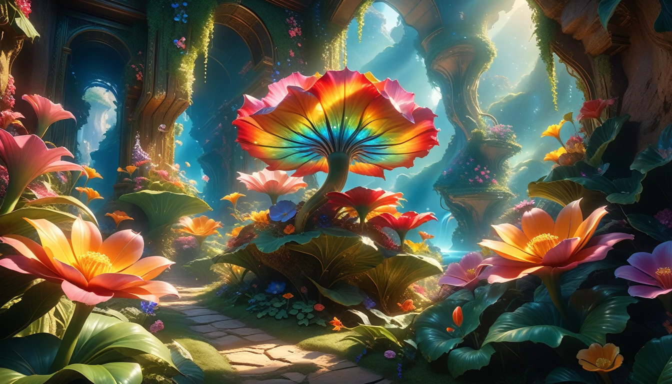 A Masterpiece In 32K Resolution: Supreme Quality, Super Detail, Official Art, Very High-Resolution 32K Wallpaper, Beautiful And Aesthetic, Ultra-Detailed Features, Awe-Inspiring Detail. A Surreal And Exotic Landscape Unfolds With Stunning Beauty In Every Corner, Vibrant And Filled With Color. The Scene Features A Mesmerizing Array Of Alien Flowers In Unique Shapes And Sizes, Alongside An Abundance Of Luscious, Otherworldly Fruits. Presented In Ultra-High Definition (4K Or 8K Resolution), Every Detail Is Captured With Precision And Clarity. The Image Boasts Extreme Realism, Providing An Immersive Experience That Transports The Viewer Into This Strange And Magical World. This Masterpiece Blends Illustration Techniques With Advanced 3D Rendering To Create A Breathtaking Visual Composition. The Bright, Vivid Colors Enhance The Surreal Quality Of The Environment, While Intricate Lighting Design Adds Depth And Texture, Showcasing Dynamic Shifts In Light And Shadow. This Piece Evokes Wonder And Curiosity, Drawing The Viewer Into An Extraordinary Realm Where Nature's Beauty Takes On An Entirely New And Awe-Inspiring Form.