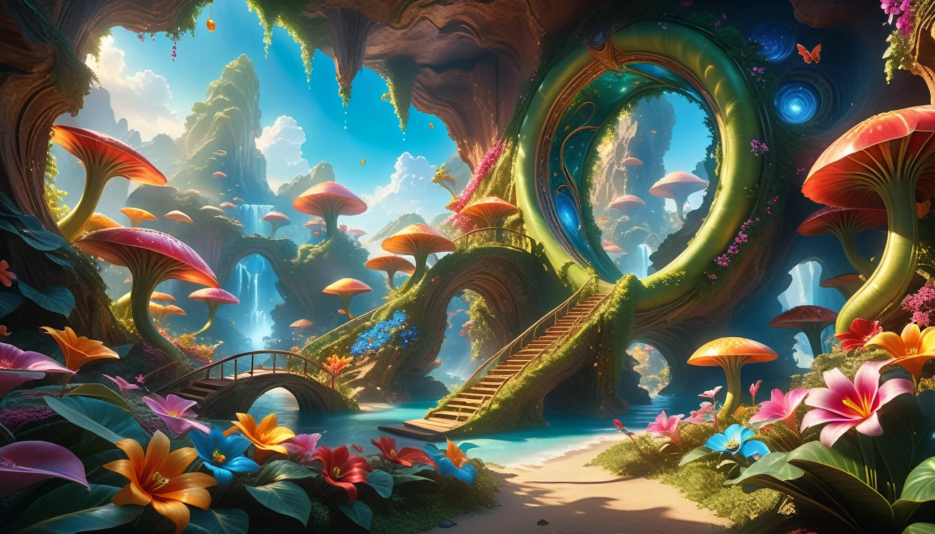 A Masterpiece In 32K Resolution: Supreme Quality, Super Detail, Official Art, Very High-Resolution 32K Wallpaper, Beautiful And Aesthetic, Ultra-Detailed Features, Awe-Inspiring Detail. A Surreal And Exotic Landscape Unfolds With Stunning Beauty In Every Corner, Vibrant And Filled With Color. The Scene Features A Mesmerizing Array Of Alien Flowers In Unique Shapes And Sizes, Alongside An Abundance Of Luscious, Otherworldly Fruits. Presented In Ultra-High Definition (4K Or 8K Resolution), Every Detail Is Captured With Precision And Clarity. The Image Boasts Extreme Realism, Providing An Immersive Experience That Transports The Viewer Into This Strange And Magical World. This Masterpiece Blends Illustration Techniques With Advanced 3D Rendering To Create A Breathtaking Visual Composition. The Bright, Vivid Colors Enhance The Surreal Quality Of The Environment, While Intricate Lighting Design Adds Depth And Texture, Showcasing Dynamic Shifts In Light And Shadow. This Piece Evokes Wonder And Curiosity, Drawing The Viewer Into An Extraordinary Realm Where Nature's Beauty Takes On An Entirely New And Awe-Inspiring Form.