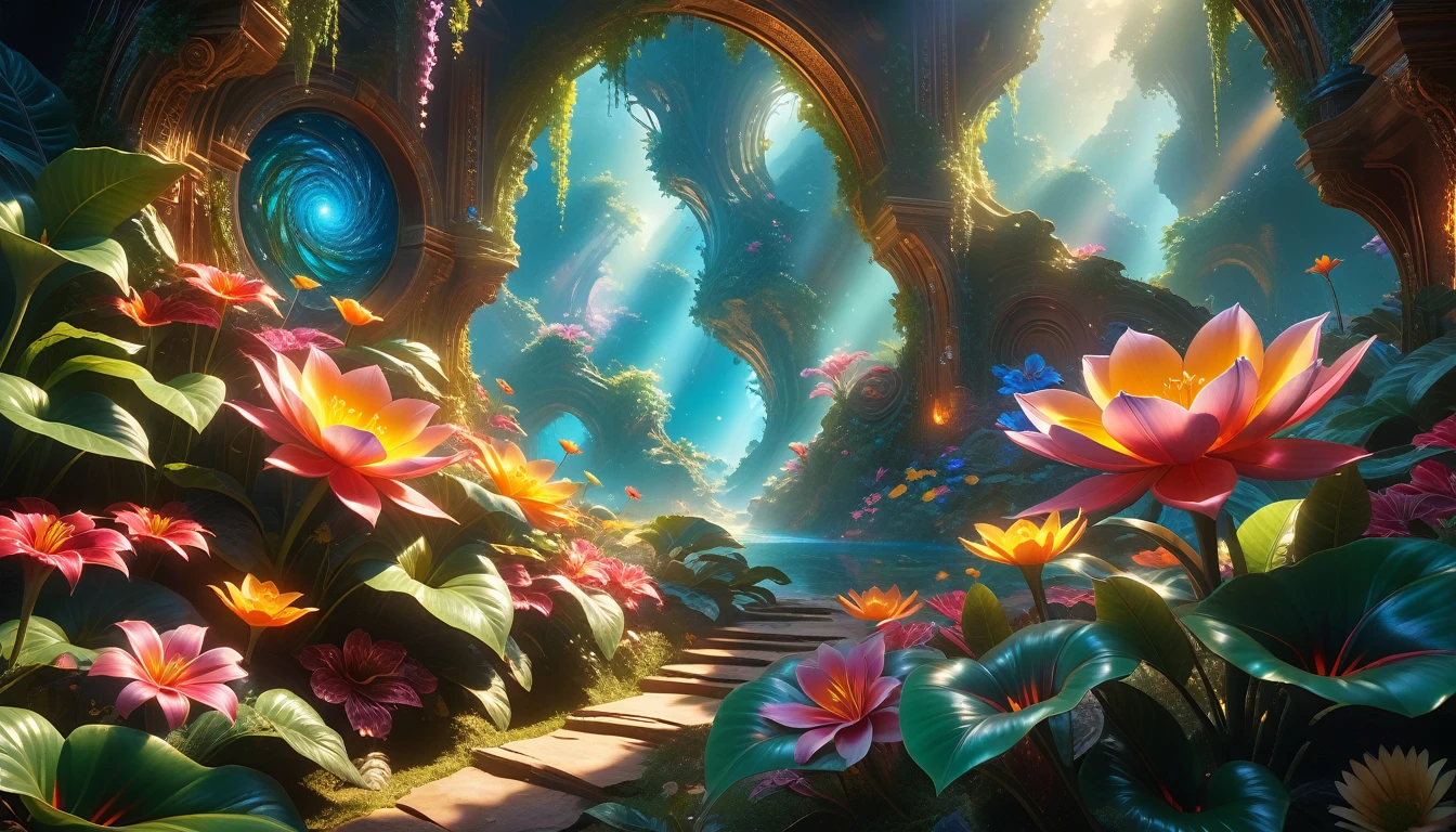 A Masterpiece In 32K Resolution: Supreme Quality, Super Detail, Official Art, Very High-Resolution 32K Wallpaper, Beautiful And Aesthetic, Ultra-Detailed Features, Awe-Inspiring Detail. A Surreal And Exotic Landscape Unfolds With Stunning Beauty In Every Corner, Vibrant And Filled With Color. The Scene Features A Mesmerizing Array Of Alien Flowers In Unique Shapes And Sizes, Alongside An Abundance Of Luscious, Otherworldly Fruits. Presented In Ultra-High Definition (4K Or 8K Resolution), Every Detail Is Captured With Precision And Clarity. The Image Boasts Extreme Realism, Providing An Immersive Experience That Transports The Viewer Into This Strange And Magical World. This Masterpiece Blends Illustration Techniques With Advanced 3D Rendering To Create A Breathtaking Visual Composition. The Bright, Vivid Colors Enhance The Surreal Quality Of The Environment, While Intricate Lighting Design Adds Depth And Texture, Showcasing Dynamic Shifts In Light And Shadow. This Piece Evokes Wonder And Curiosity, Drawing The Viewer Into An Extraordinary Realm Where Nature's Beauty Takes On An Entirely New And Awe-Inspiring Form.