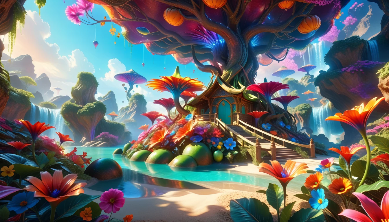 A Masterpiece In 32K Resolution: Supreme Quality, Super Detail, Official Art, Very High-Resolution 32K Wallpaper, Beautiful And Aesthetic, Ultra-Detailed Features, Awe-Inspiring Detail. A Surreal And Exotic Landscape Unfolds With Stunning Beauty In Every Corner, Vibrant And Filled With Color. The Scene Features A Mesmerizing Array Of Alien Flowers In Unique Shapes And Sizes, Alongside An Abundance Of Luscious, Otherworldly Fruits. Presented In Ultra-High Definition (4K Or 8K Resolution), Every Detail Is Captured With Precision And Clarity. The Image Boasts Extreme Realism, Providing An Immersive Experience That Transports The Viewer Into This Strange And Magical World. This Masterpiece Blends Illustration Techniques With Advanced 3D Rendering To Create A Breathtaking Visual Composition. The Bright, Vivid Colors Enhance The Surreal Quality Of The Environment, While Intricate Lighting Design Adds Depth And Texture, Showcasing Dynamic Shifts In Light And Shadow. This Piece Evokes Wonder And Curiosity, Drawing The Viewer Into An Extraordinary Realm Where Nature's Beauty Takes On An Entirely New And Awe-Inspiring Form.