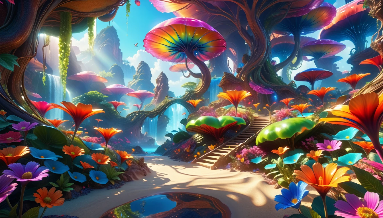 A Masterpiece In 32K Resolution: Supreme Quality, Super Detail, Official Art, Very High-Resolution 32K Wallpaper, Beautiful And Aesthetic, Ultra-Detailed Features, Awe-Inspiring Detail. A Surreal And Exotic Landscape Unfolds With Stunning Beauty In Every Corner, Vibrant And Filled With Color. The Scene Features A Mesmerizing Array Of Alien Flowers In Unique Shapes And Sizes, Alongside An Abundance Of Luscious, Otherworldly Fruits. Presented In Ultra-High Definition (4K Or 8K Resolution), Every Detail Is Captured With Precision And Clarity. The Image Boasts Extreme Realism, Providing An Immersive Experience That Transports The Viewer Into This Strange And Magical World. This Masterpiece Blends Illustration Techniques With Advanced 3D Rendering To Create A Breathtaking Visual Composition. The Bright, Vivid Colors Enhance The Surreal Quality Of The Environment, While Intricate Lighting Design Adds Depth And Texture, Showcasing Dynamic Shifts In Light And Shadow. This Piece Evokes Wonder And Curiosity, Drawing The Viewer Into An Extraordinary Realm Where Nature's Beauty Takes On An Entirely New And Awe-Inspiring Form.