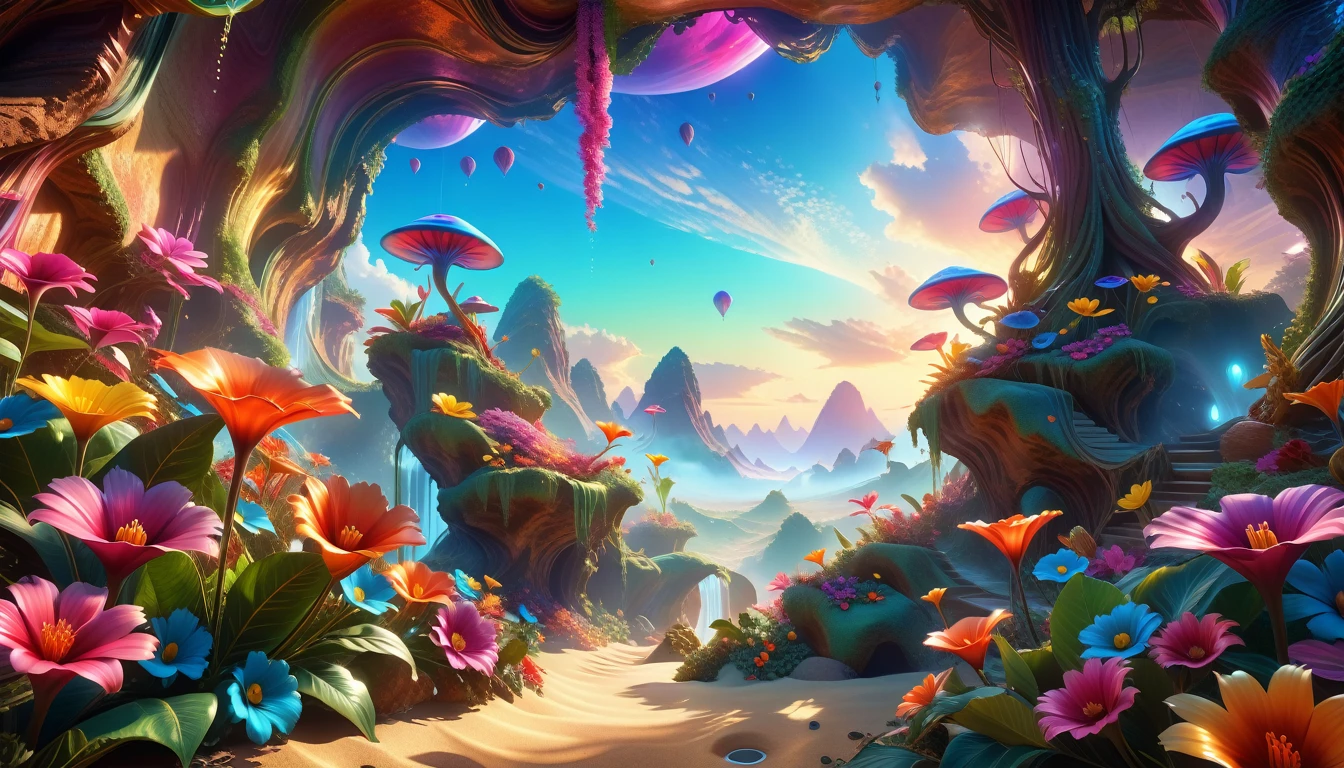 A Masterpiece In 32K Resolution: Supreme Quality, Super Detail, Official Art, Very High-Resolution 32K Wallpaper, Beautiful And Aesthetic, Ultra-Detailed Features, Awe-Inspiring Detail. A Surreal And Exotic Landscape Unfolds With Stunning Beauty In Every Corner, Vibrant And Filled With Color. The Scene Features A Mesmerizing Array Of Alien Flowers In Unique Shapes And Sizes, Alongside An Abundance Of Luscious, Otherworldly Fruits. Presented In Ultra-High Definition (4K Or 8K Resolution), Every Detail Is Captured With Precision And Clarity. The Image Boasts Extreme Realism, Providing An Immersive Experience That Transports The Viewer Into This Strange And Magical World. This Masterpiece Blends Illustration Techniques With Advanced 3D Rendering To Create A Breathtaking Visual Composition. The Bright, Vivid Colors Enhance The Surreal Quality Of The Environment, While Intricate Lighting Design Adds Depth And Texture, Showcasing Dynamic Shifts In Light And Shadow. This Piece Evokes Wonder And Curiosity, Drawing The Viewer Into An Extraordinary Realm Where Nature's Beauty Takes On An Entirely New And Awe-Inspiring Form.