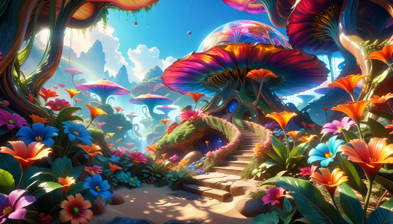 A Masterpiece In 32K Resolution: Supreme Quality, Super Detail, Official Art, Very High-Resolution 32K Wallpaper, Beautiful And Aesthetic, Ultra-Detailed Features, Awe-Inspiring Detail. A Surreal And Exotic Landscape Unfolds With Stunning Beauty In Every Corner, Vibrant And Filled With Color. The Scene Features A Mesmerizing Array Of Alien Flowers In Unique Shapes And Sizes, Alongside An Abundance Of Luscious, Otherworldly Fruits. Presented In Ultra-High Definition (4K Or 8K Resolution), Every Detail Is Captured With Precision And Clarity. The Image Boasts Extreme Realism, Providing An Immersive Experience That Transports The Viewer Into This Strange And Magical World. This Masterpiece Blends Illustration Techniques With Advanced 3D Rendering To Create A Breathtaking Visual Composition. The Bright, Vivid Colors Enhance The Surreal Quality Of The Environment, While Intricate Lighting Design Adds Depth And Texture, Showcasing Dynamic Shifts In Light And Shadow. This Piece Evokes Wonder And Curiosity, Drawing The Viewer Into An Extraordinary Realm Where Nature's Beauty Takes On An Entirely New And Awe-Inspiring Form.