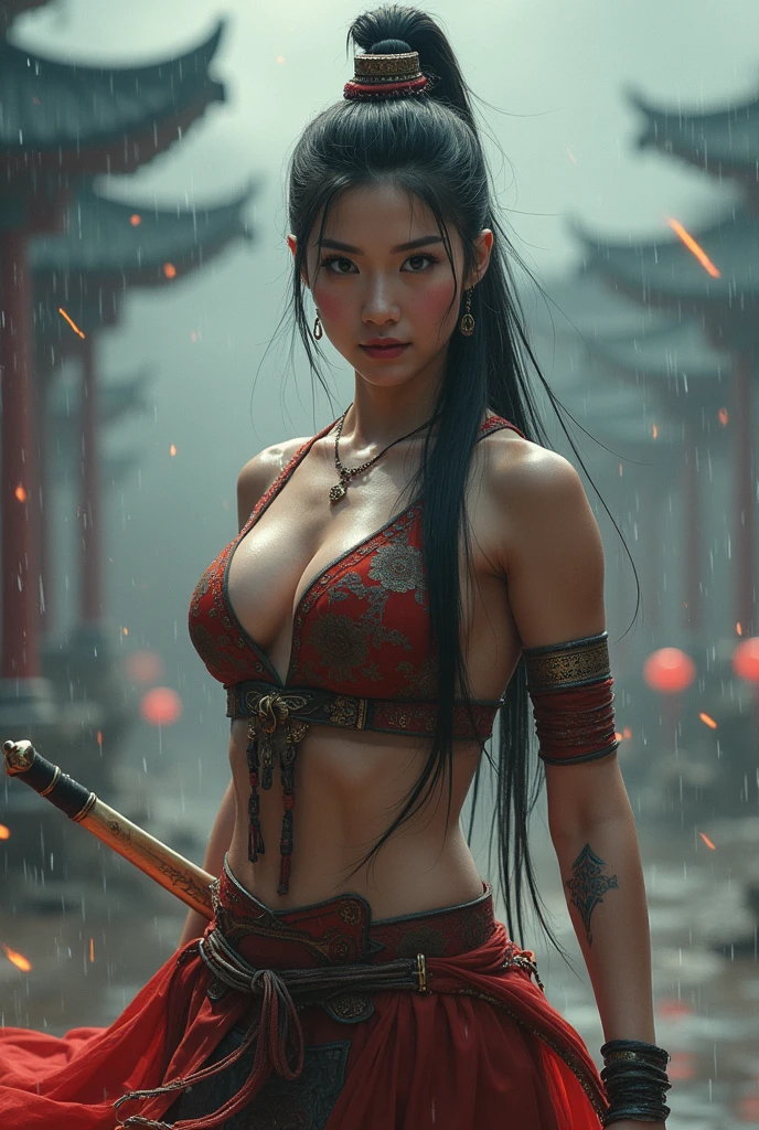 an ultra realistic wide angle epic full body battle shot of Mulan, intricate details, wearing a highly ultra realistic intricate detailed stunning red Samurai costume, ultra detailed sword, smooth edges and curves, surrounded by warriors, war battleground, dark, gothic, Old Japanese architecture palace buildings, photorealistic, cinematic, centered, wet ground, symmetrical volumetric lighting, ambient occlusion, unreal engine, photographed by Akira Kurosawa, inspired by Ran movie, bokeh, particuls, (dynamic pose), (hyper realistic:1.4), (realistic:1.3), (best quality real texture skin), full body, (Cinematic Light), highly detailed skin, skin pores, (highly detailed face:1.1), (sexy, cleavage, nippin), (highly detailed eyes:1.1), realistic pupils, (perfect anatomy:1.1), (perfect proportions:1.1), (photography:1.1), (photorealistic:1.1), volumetric lighting, dynamic lighting, real shadows, (highres:1.1), sharp focus, daylight, (realistic, hyperrealistic:1.4), intricate, high detail, dramatic, subsurface scattering, big depth of field, vivid, polished, sharpened, ((full Sharp)), (extremely absurdres),8k hdr