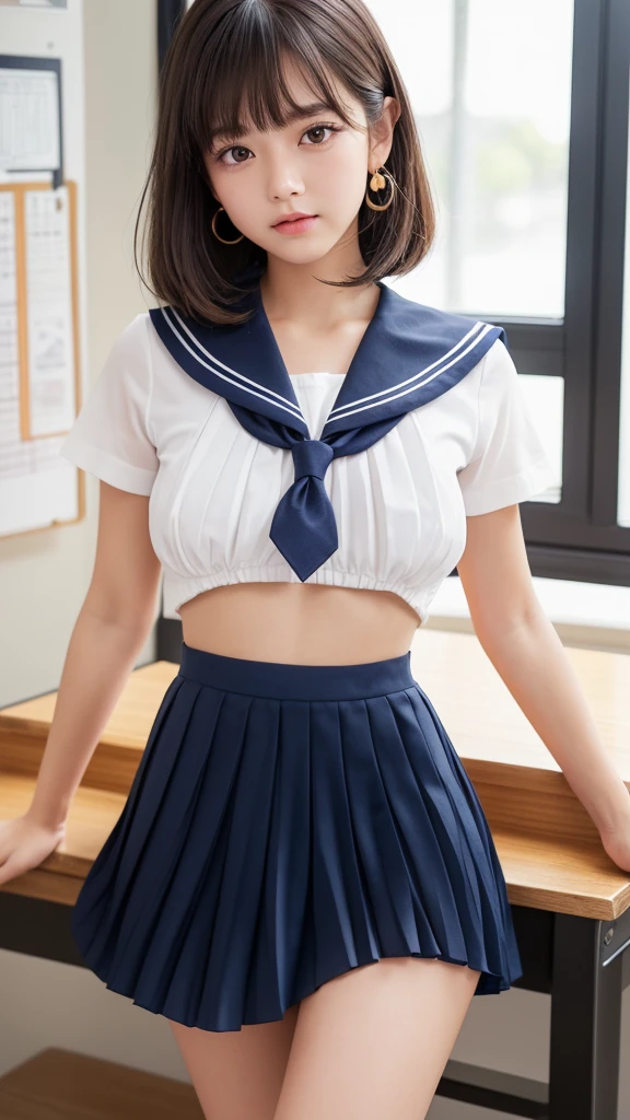 Product quality,1 girl,Cowboy Shot,(Thigh Emphasis:1.4),(Young and beautiful Japanese woman,Perfect Anatomy),(High school classroom:1.4),Sit at a desk,A small smile,((White school uniform sailor suit)),(Red ribbon tie:1.3),Deep waistline,((Navy blue super short pleated mini skirt:1.5)),(Skirt flip:1.3),(White panties:1.3),Stylish earrings,Stylish necklace,Very beautiful face,Cute type,(A little round face),Baby Face,Glossy lips,Beautiful big eyes,Brown eyes,Double eyelids visible in both eyes,(Natural Makeup),Shiny smooth light brown long hair,,,,Asymmetrical bangs,Floating Hair Nova Frog Style,【Imaging Center,8k resolution,Attention to detail,Detailed hairstyle,Detailed face,Cinema Lighting,Octane Rendering,Ultra-realistic,Perfect body,Beautiful legs,Voluptuous thighs,Huge breasts,Perfect Anatomy,Spread your legs,(Provocative dynamic pose:1.3)