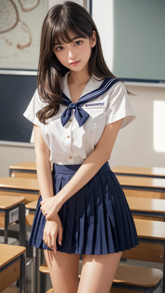 Product quality,1 girl,Cowboy Shot,(Thigh Emphasis:1.4),(Young and beautiful Japanese woman,Perfect Anatomy),(High school classroom:1.4),Sit at a desk,A small smile,((White school uniform sailor suit)),(Red ribbon tie:1.3),Deep waistline,((Navy blue super short pleated mini skirt:1.5)),(Skirt flip:1.3),(White panties:1.3),Stylish earrings,Stylish necklace,Very beautiful face,Cute type,(A little round face),Baby Face,Glossy lips,Beautiful big eyes,Brown eyes,Double eyelids visible in both eyes,(Natural Makeup),Shiny smooth light brown long hair,,,,Asymmetrical bangs,Floating Hair Nova Frog Style,【Imaging Center,8k resolution,Attention to detail,Detailed hairstyle,Detailed face,Cinema Lighting,Octane Rendering,Ultra-realistic,Perfect body,Beautiful legs,Voluptuous thighs,Huge breasts,Perfect Anatomy,Spread your legs,(Provocative dynamic pose:1.3)