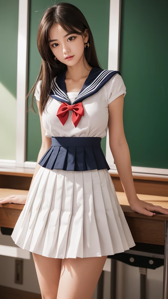 Product quality,1 girl,Cowboy Shot,(Thigh Emphasis:1.4),(Young and beautiful Japanese woman,Perfect Anatomy),(High school classroom:1.4),Sit at a desk,A small smile,((White school uniform sailor suit)),(Red ribbon tie:1.3),Deep waistline,((Sailor Moon Super Short Pleated Mini Skirt:1.5)),(Skirt flip:1.3),(White panties:1.3),Stylish earrings,Stylish necklace,Very beautiful face,Cute type,(A little round face),Baby Face,Glossy lips,Beautiful big eyes,Brown eyes,Double eyelids visible in both eyes,(Natural Makeup),Shiny smooth light brown long hair,,,,Asymmetrical bangs,Floating Hair Nova Frog Style,【Imaging Center,8k resolution,Attention to detail,Detailed hairstyle,Detailed face,Cinema Lighting,Octane Rendering,Ultra-realistic,Perfect body,Beautiful legs,Voluptuous thighs,Huge breasts,Perfect Anatomy,Spread your legs,(Provocative dynamic pose:1.3)