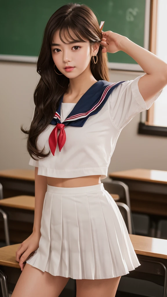 Product quality,1 girl,Cowboy Shot,(Thigh Emphasis:1.4),(Young and beautiful Japanese woman,Perfect Anatomy),(High school classroom:1.4),Sit at a desk,A small smile,((White school uniform sailor suit)),(Red ribbon tie:1.3),Deep waistline,((Sailor Moon Super Short Pleated Mini Skirt:1.5)),(Skirt flip:1.3),(White panties:1.3),Stylish earrings,Stylish necklace,Very beautiful face,Cute type,(A little round face),Baby Face,Glossy lips,Beautiful big eyes,Brown eyes,Double eyelids visible in both eyes,(Natural Makeup),Shiny smooth light brown long hair,,,,Asymmetrical bangs,Floating Hair Nova Frog Style,【Imaging Center,8k resolution,Attention to detail,Detailed hairstyle,Detailed face,Cinema Lighting,Octane Rendering,Ultra-realistic,Perfect body,Beautiful legs,Voluptuous thighs,Huge breasts,Perfect Anatomy,Spread your legs,(Provocative dynamic pose:1.3)