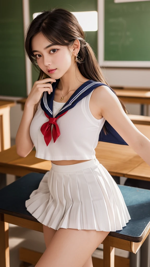 Product quality,1 girl,Cowboy Shot,(Thigh Emphasis:1.4),(Young and beautiful Japanese woman,Perfect Anatomy),(High school classroom:1.4),Sit at a desk,A small smile,((White school uniform sailor suit)),(Red ribbon tie:1.3),Deep waistline,((Sailor Moon Super Short Pleated Mini Skirt:1.5)),(Skirt flip:1.3),(White panties:1.3),Stylish earrings,Stylish necklace,Very beautiful face,Cute type,(A little round face),Baby Face,Glossy lips,Beautiful big eyes,Brown eyes,Double eyelids visible in both eyes,(Natural Makeup),Shiny smooth light brown long hair,,,,Asymmetrical bangs,Floating Hair Nova Frog Style,【Imaging Center,8k resolution,Attention to detail,Detailed hairstyle,Detailed face,Cinema Lighting,Octane Rendering,Ultra-realistic,Perfect body,Beautiful legs,Voluptuous thighs,Huge breasts,Perfect Anatomy,Spread your legs,(Provocative dynamic pose:1.3)