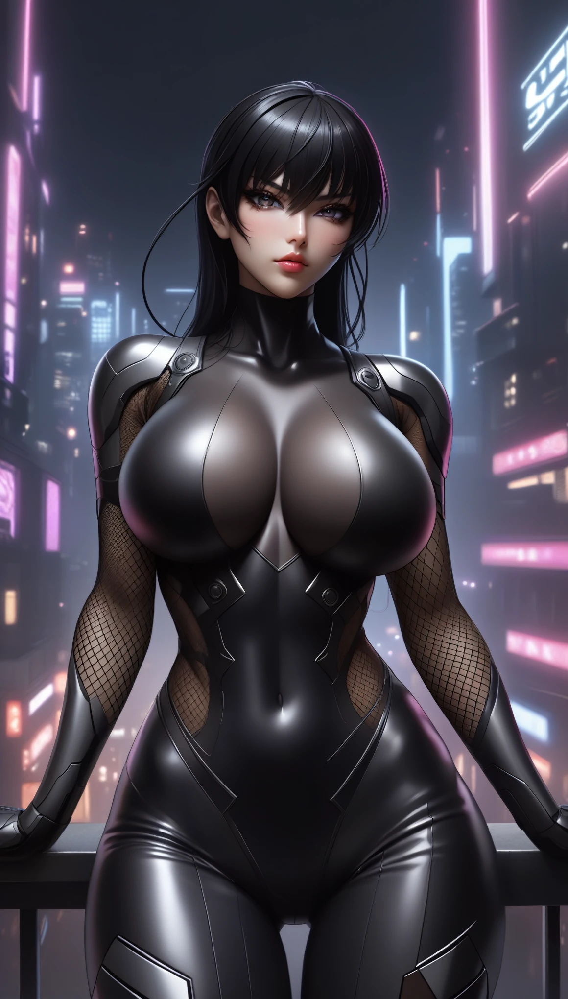 1girl, Taimanin,solo,super detailed skin,shiny skin,expressionless,swept bangs,single long ponytail, black hair, widow's peak,half open eyes,eyelashes,lips gloss,large breasts,fullbodysuit,fishnet arms,ninja clothes ,cowboy shot,blitz magic,masterpiece,best quality,ultra detailed,high resolution,sharp focus,Cyberpunk city background,(Open pose)