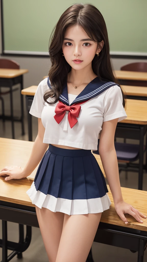 Product quality,1 girl,Cowboy Shot,(Thigh Emphasis:1.4),(Young and beautiful Japanese woman,Perfect Anatomy),(High school classroom:1.4),Sit at a desk,A small smile,((White school uniform sailor suit)),(Red ribbon tie:1.3),Deep waistline,((Sailor Moon Mini Skirt:1.5)),(Skirt flip:1.3),(White panties:1.3),Stylish earrings,Stylish necklace,Very beautiful face,Cute type,(A little round face),Baby Face,Glossy lips,Beautiful big eyes,Brown eyes,Double eyelids visible in both eyes,(Natural Makeup),Shiny smooth light brown long hair,,,,Asymmetrical bangs,Floating Hair Nova Frog Style,【Imaging Center,8k resolution,Attention to detail,Detailed hairstyle,Detailed face,Cinema Lighting,Octane Rendering,Ultra-realistic,Perfect body,Beautiful legs,Voluptuous thighs,Huge breasts,Perfect Anatomy,Spread your legs,(Provocative dynamic pose:1.3)