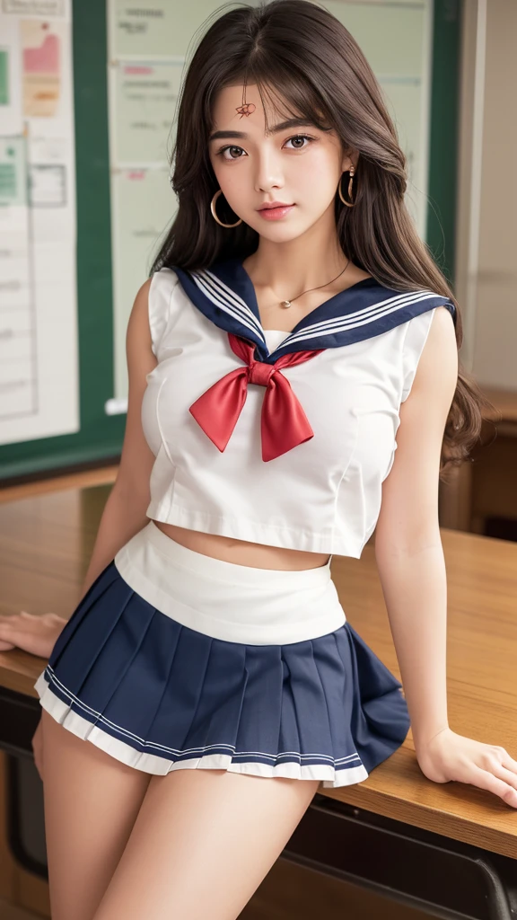 Product quality,1 girl,Cowboy Shot,(Thigh Emphasis:1.4),(Young and beautiful Japanese woman,Perfect Anatomy),(High school classroom:1.4),Sit at a desk,A small smile,((White school uniform sailor suit)),(Red ribbon tie:1.3),Deep waistline,((Sailor Moon Mini Skirt:1.5)),(Skirt flip:1.3),(White panties:1.3),Stylish earrings,Stylish necklace,Very beautiful face,Cute type,(A little round face),Baby Face,Glossy lips,Beautiful big eyes,Brown eyes,Double eyelids visible in both eyes,(Natural Makeup),Shiny smooth light brown long hair,,,,Asymmetrical bangs,Floating Hair Nova Frog Style,【Imaging Center,8k resolution,Attention to detail,Detailed hairstyle,Detailed face,Cinema Lighting,Octane Rendering,Ultra-realistic,Perfect body,Beautiful legs,Voluptuous thighs,Huge breasts,Perfect Anatomy,Spread your legs,(Provocative dynamic pose:1.3)