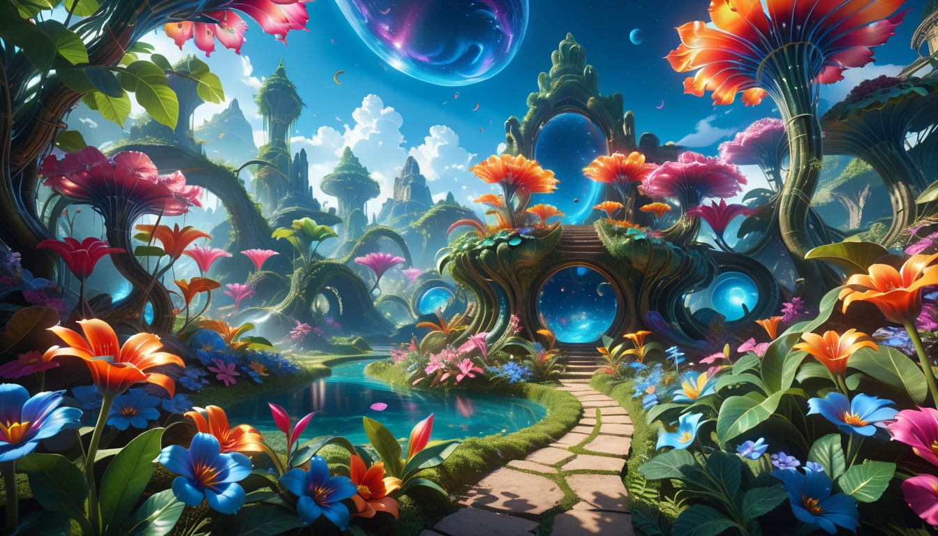 A Masterpiece In 32K Resolution: Supreme Quality, Super Detail, Official Art, Very High-Resolution 32K Wallpaper, Beautiful And Aesthetic, Ultra-Detailed Features, Awe-Inspiring Detail. A Surreal And Exotic Landscape Unfolds With Stunning Beauty In Every Corner, Vibrant And Filled With Color. The Scene Features A Mesmerizing Array Of Alien Flowers In Unique Shapes And Sizes, Alongside An Abundance Of Luscious, Otherworldly Fruits. Presented In Ultra-High Definition (4K Or 8K Resolution), Every Detail Is Captured With Precision And Clarity. The Image Boasts Extreme Realism, Providing An Immersive Experience That Transports The Viewer Into This Strange And Magical World. This Masterpiece Blends Illustration Techniques With Advanced 3D Rendering To Create A Breathtaking Visual Composition. The Bright, Vivid Colors Enhance The Surreal Quality Of The Environment, While Intricate Lighting Design Adds Depth And Texture, Showcasing Dynamic Shifts In Light And Shadow. This Piece Evokes Wonder And Curiosity, Drawing The Viewer Into An Extraordinary Realm Where Nature's Beauty Takes On An Entirely New And Awe-Inspiring Form.