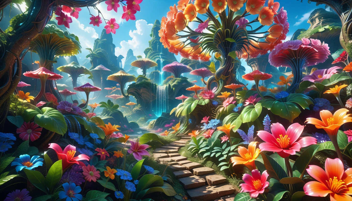 A Masterpiece In 32K Resolution: Supreme Quality, Super Detail, Official Art, Very High-Resolution 32K Wallpaper, Beautiful And Aesthetic, Ultra-Detailed Features, Awe-Inspiring Detail. A Surreal And Exotic Landscape Unfolds With Stunning Beauty In Every Corner, Vibrant And Filled With Color. The Scene Features A Mesmerizing Array Of Alien Flowers In Unique Shapes And Sizes, Alongside An Abundance Of Luscious, Otherworldly Fruits. Presented In Ultra-High Definition (4K Or 8K Resolution), Every Detail Is Captured With Precision And Clarity. The Image Boasts Extreme Realism, Providing An Immersive Experience That Transports The Viewer Into This Strange And Magical World. This Masterpiece Blends Illustration Techniques With Advanced 3D Rendering To Create A Breathtaking Visual Composition. The Bright, Vivid Colors Enhance The Surreal Quality Of The Environment, While Intricate Lighting Design Adds Depth And Texture, Showcasing Dynamic Shifts In Light And Shadow. This Piece Evokes Wonder And Curiosity, Drawing The Viewer Into An Extraordinary Realm Where Nature's Beauty Takes On An Entirely New And Awe-Inspiring Form.