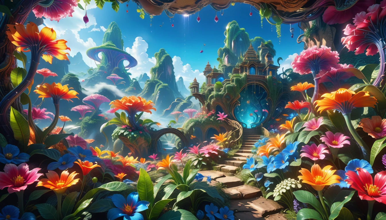 A Masterpiece In 32K Resolution: Supreme Quality, Super Detail, Official Art, Very High-Resolution 32K Wallpaper, Beautiful And Aesthetic, Ultra-Detailed Features, Awe-Inspiring Detail. A Surreal And Exotic Landscape Unfolds With Stunning Beauty In Every Corner, Vibrant And Filled With Color. The Scene Features A Mesmerizing Array Of Alien Flowers In Unique Shapes And Sizes, Alongside An Abundance Of Luscious, Otherworldly Fruits. Presented In Ultra-High Definition (4K Or 8K Resolution), Every Detail Is Captured With Precision And Clarity. The Image Boasts Extreme Realism, Providing An Immersive Experience That Transports The Viewer Into This Strange And Magical World. This Masterpiece Blends Illustration Techniques With Advanced 3D Rendering To Create A Breathtaking Visual Composition. The Bright, Vivid Colors Enhance The Surreal Quality Of The Environment, While Intricate Lighting Design Adds Depth And Texture, Showcasing Dynamic Shifts In Light And Shadow. This Piece Evokes Wonder And Curiosity, Drawing The Viewer Into An Extraordinary Realm Where Nature's Beauty Takes On An Entirely New And Awe-Inspiring Form.