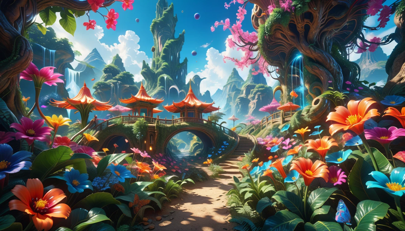 A Masterpiece In 32K Resolution: Supreme Quality, Super Detail, Official Art, Very High-Resolution 32K Wallpaper, Beautiful And Aesthetic, Ultra-Detailed Features, Awe-Inspiring Detail. A Surreal And Exotic Landscape Unfolds With Stunning Beauty In Every Corner, Vibrant And Filled With Color. The Scene Features A Mesmerizing Array Of Alien Flowers In Unique Shapes And Sizes, Alongside An Abundance Of Luscious, Otherworldly Fruits. Presented In Ultra-High Definition (4K Or 8K Resolution), Every Detail Is Captured With Precision And Clarity. The Image Boasts Extreme Realism, Providing An Immersive Experience That Transports The Viewer Into This Strange And Magical World. This Masterpiece Blends Illustration Techniques With Advanced 3D Rendering To Create A Breathtaking Visual Composition. The Bright, Vivid Colors Enhance The Surreal Quality Of The Environment, While Intricate Lighting Design Adds Depth And Texture, Showcasing Dynamic Shifts In Light And Shadow. This Piece Evokes Wonder And Curiosity, Drawing The Viewer Into An Extraordinary Realm Where Nature's Beauty Takes On An Entirely New And Awe-Inspiring Form.