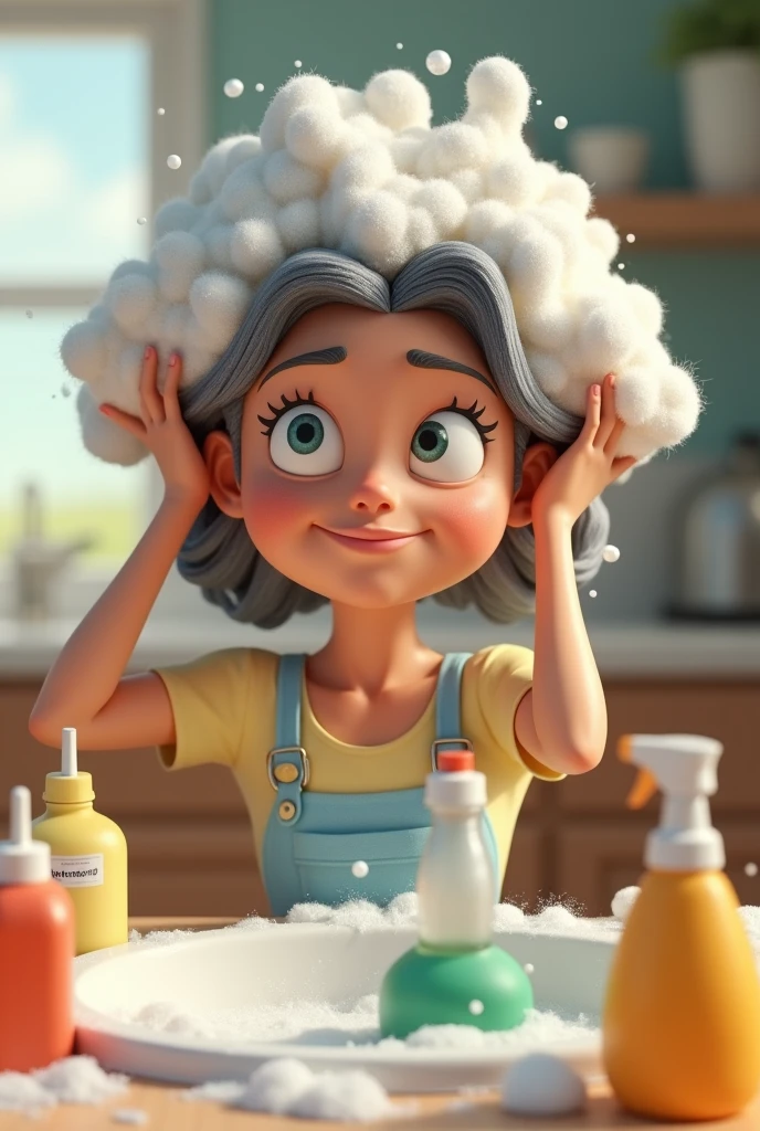 3D animation style, comical drawing, housewife washing her hair with a huge amount of foam on her head, several detergent bottles lying nearby, it is unclear how long her hair is, high-definition real photo, drawn with soft image