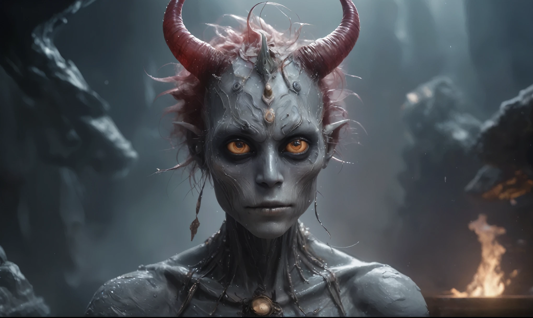 Upper body shot, Hyperrealistic photography in a misty swamp, horned demon woman, iridescent skin, skin that looks like glass, white eyes, Cinematic horror.