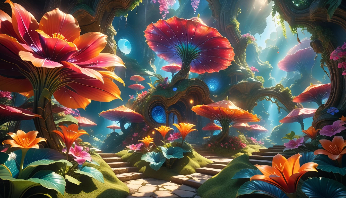 A Masterpiece In 32K Resolution: Supreme Quality, Super Detail, Official Art, Very High-Resolution 32K Wallpaper, Beautiful And Aesthetic, Ultra-Detailed Features, Awe-Inspiring Detail. A Surreal And Exotic Landscape Unfolds With Stunning Beauty In Every Corner, Vibrant And Filled With Color. The Scene Features A Mesmerizing Array Of Alien Flowers In Unique Shapes And Sizes, Alongside An Abundance Of Luscious, Otherworldly Fruits. Presented In Ultra-High Definition (4K Or 8K Resolution), Every Detail Is Captured With Precision And Clarity. The Image Boasts Extreme Realism, Providing An Immersive Experience That Transports The Viewer Into This Strange And Magical World. This Masterpiece Blends Illustration Techniques With Advanced 3D Rendering To Create A Breathtaking Visual Composition. The Bright, Vivid Colors Enhance The Surreal Quality Of The Environment, While Intricate Lighting Design Adds Depth And Texture, Showcasing Dynamic Shifts In Light And Shadow. This Piece Evokes Wonder And Curiosity, Drawing The Viewer Into An Extraordinary Realm Where Nature's Beauty Takes On An Entirely New And Awe-Inspiring Form.