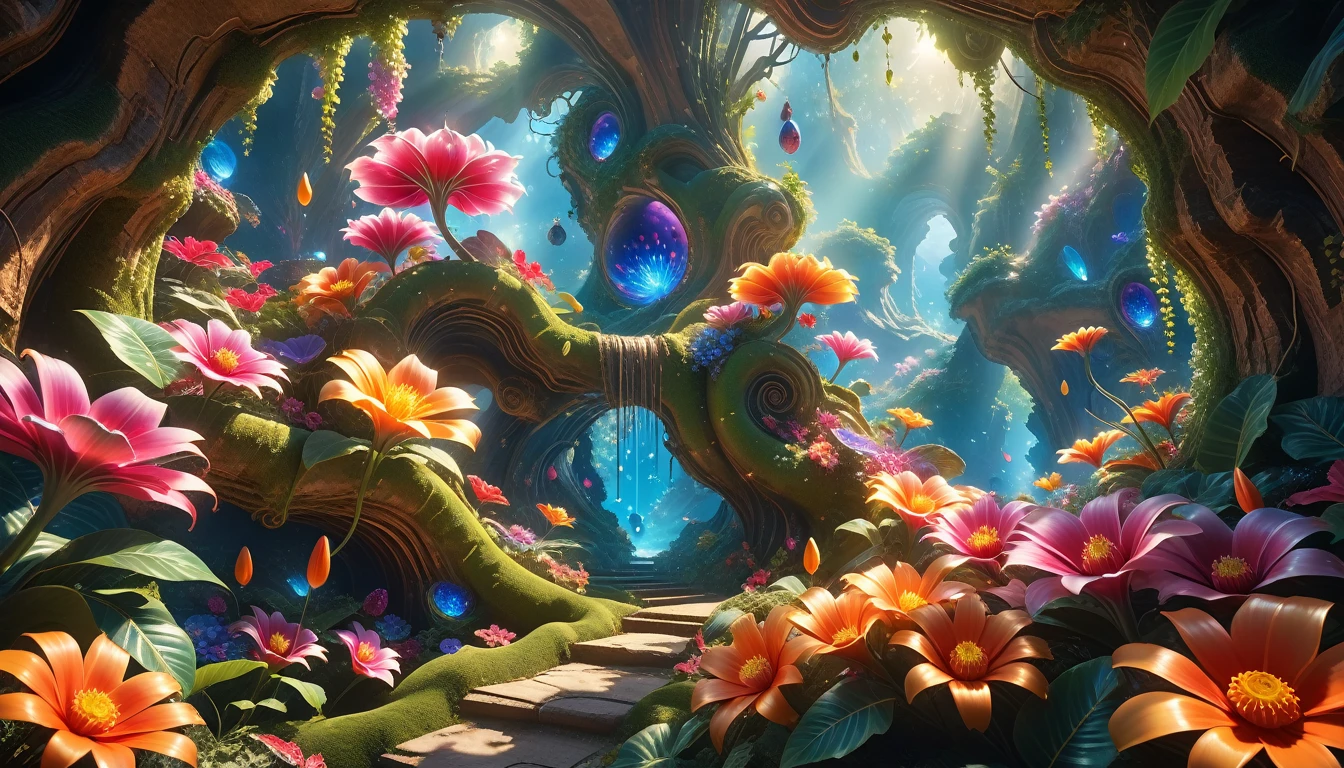 A Masterpiece In 32K Resolution: Supreme Quality, Super Detail, Official Art, Very High-Resolution 32K Wallpaper, Beautiful And Aesthetic, Ultra-Detailed Features, Awe-Inspiring Detail. A Surreal And Exotic Landscape Unfolds With Stunning Beauty In Every Corner, Vibrant And Filled With Color. The Scene Features A Mesmerizing Array Of Alien Flowers In Unique Shapes And Sizes, Alongside An Abundance Of Luscious, Otherworldly Fruits. Presented In Ultra-High Definition (4K Or 8K Resolution), Every Detail Is Captured With Precision And Clarity. The Image Boasts Extreme Realism, Providing An Immersive Experience That Transports The Viewer Into This Strange And Magical World. This Masterpiece Blends Illustration Techniques With Advanced 3D Rendering To Create A Breathtaking Visual Composition. The Bright, Vivid Colors Enhance The Surreal Quality Of The Environment, While Intricate Lighting Design Adds Depth And Texture, Showcasing Dynamic Shifts In Light And Shadow. This Piece Evokes Wonder And Curiosity, Drawing The Viewer Into An Extraordinary Realm Where Nature's Beauty Takes On An Entirely New And Awe-Inspiring Form.