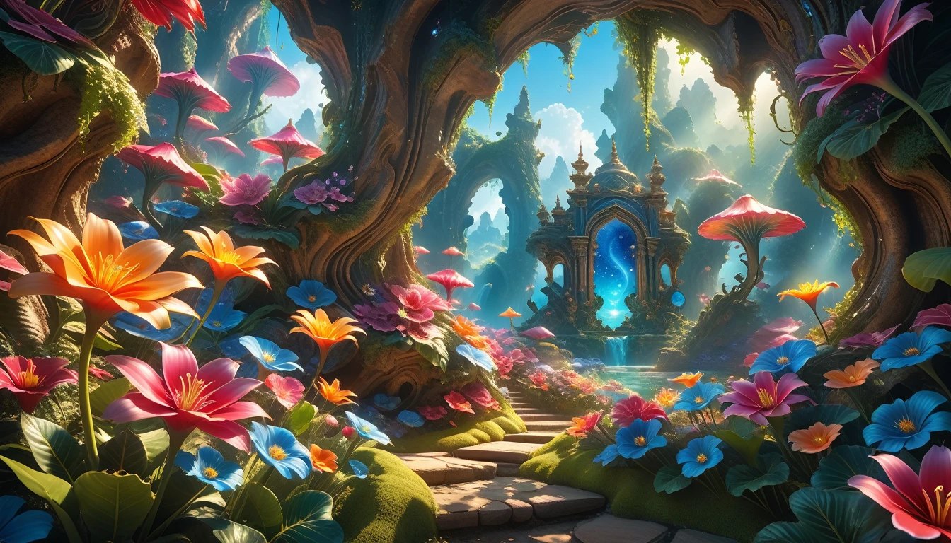 A Masterpiece In 32K Resolution: Supreme Quality, Super Detail, Official Art, Very High-Resolution 32K Wallpaper, Beautiful And Aesthetic, Ultra-Detailed Features, Awe-Inspiring Detail. A Surreal And Exotic Landscape Unfolds With Stunning Beauty In Every Corner, Vibrant And Filled With Color. The Scene Features A Mesmerizing Array Of Alien Flowers In Unique Shapes And Sizes, Alongside An Abundance Of Luscious, Otherworldly Fruits. Presented In Ultra-High Definition (4K Or 8K Resolution), Every Detail Is Captured With Precision And Clarity. The Image Boasts Extreme Realism, Providing An Immersive Experience That Transports The Viewer Into This Strange And Magical World. This Masterpiece Blends Illustration Techniques With Advanced 3D Rendering To Create A Breathtaking Visual Composition. The Bright, Vivid Colors Enhance The Surreal Quality Of The Environment, While Intricate Lighting Design Adds Depth And Texture, Showcasing Dynamic Shifts In Light And Shadow. This Piece Evokes Wonder And Curiosity, Drawing The Viewer Into An Extraordinary Realm Where Nature's Beauty Takes On An Entirely New And Awe-Inspiring Form.