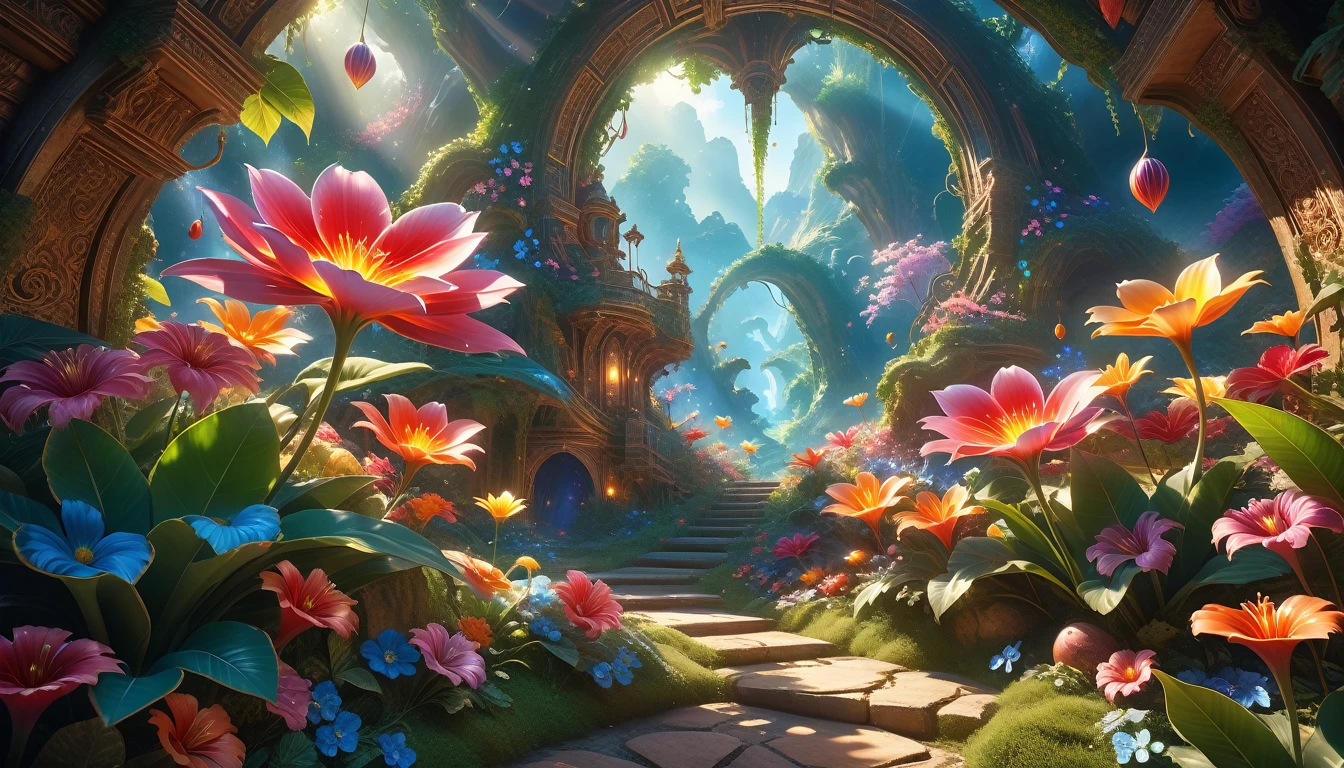 A Masterpiece In 32K Resolution: Supreme Quality, Super Detail, Official Art, Very High-Resolution 32K Wallpaper, Beautiful And Aesthetic, Ultra-Detailed Features, Awe-Inspiring Detail. A Surreal And Exotic Landscape Unfolds With Stunning Beauty In Every Corner, Vibrant And Filled With Color. The Scene Features A Mesmerizing Array Of Alien Flowers In Unique Shapes And Sizes, Alongside An Abundance Of Luscious, Otherworldly Fruits. Presented In Ultra-High Definition (4K Or 8K Resolution), Every Detail Is Captured With Precision And Clarity. The Image Boasts Extreme Realism, Providing An Immersive Experience That Transports The Viewer Into This Strange And Magical World. This Masterpiece Blends Illustration Techniques With Advanced 3D Rendering To Create A Breathtaking Visual Composition. The Bright, Vivid Colors Enhance The Surreal Quality Of The Environment, While Intricate Lighting Design Adds Depth And Texture, Showcasing Dynamic Shifts In Light And Shadow. This Piece Evokes Wonder And Curiosity, Drawing The Viewer Into An Extraordinary Realm Where Nature's Beauty Takes On An Entirely New And Awe-Inspiring Form.