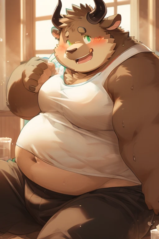 cow，Obese,  distracted, green eyes, brown fur, wearing a tight white tank top, black sweatpants, Horns,shirt slightly raised, large breasts full of milk, showing the navel, heat, sweating, blushing, panting, laughing lightly, scratching the back of his neck, belly photo, Looking at the viewer, (3:4)