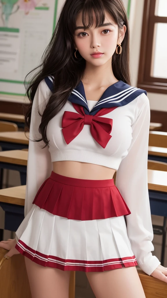 Product quality,1 girl,Cowboy Shot,(Thigh Emphasis:1.4),(Young and beautiful Japanese woman,Perfect Anatomy),(High school classroom:1.4),Sit at a desk,A small smile,((White school uniform sailor suit)),(Red ribbon tie:1.3),Deep waistline,((Sailor Moon Mini Skirt:1.5)),(Skirt flip:1.3),(White panties:1.3),Stylish earrings,Stylish necklace,Very beautiful face,Cute type,(A little round face),Baby Face,Glossy lips,Beautiful big eyes,Brown eyes,Double eyelids visible in both eyes,(Natural Makeup),Shiny smooth light brown long hair,,,,Asymmetrical bangs,Floating Hair Nova Frog Style,【Imaging Center,8k resolution,Attention to detail,Detailed hairstyle,Detailed face,Cinema Lighting,Octane Rendering,Ultra-realistic,Perfect body,Beautiful legs,Voluptuous thighs,Huge breasts,Perfect Anatomy,Spread your legs,(Provocative dynamic pose:1.3)