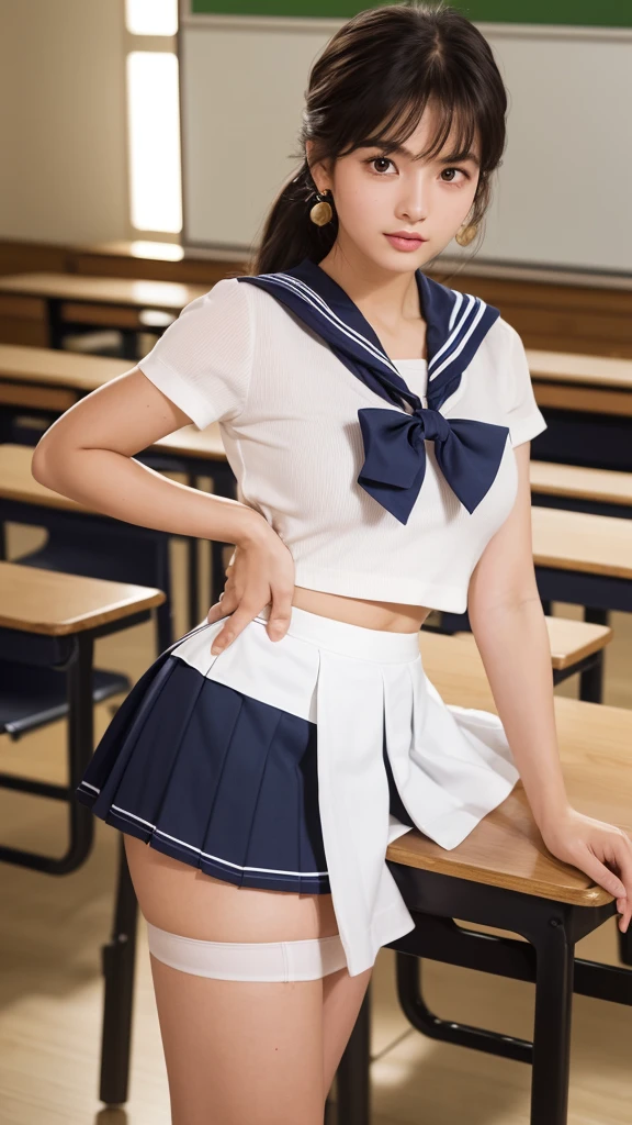 Product quality,1 girl,Cowboy Shot,(Thigh Emphasis:1.4),(Young and beautiful Japanese woman,Perfect Anatomy),(High school classroom:1.4),Sit at a desk,A small smile,((White school uniform sailor suit)),(Red ribbon tie:1.3),Deep waistline,((Sailor Moon Mini Skirt:1.5)),(Skirt flip:1.3),(White panties:1.3),Stylish earrings,Stylish necklace,Very beautiful face,Cute type,(A little round face),Baby Face,Glossy lips,Beautiful big eyes,Brown eyes,Double eyelids visible in both eyes,(Natural Makeup),Shiny smooth light brown long hair,,,,Asymmetrical bangs,Floating Hair Nova Frog Style,【Imaging Center,8k resolution,Attention to detail,Detailed hairstyle,Detailed face,Cinema Lighting,Octane Rendering,Ultra-realistic,Perfect body,Beautiful legs,Voluptuous thighs,Huge breasts,Perfect Anatomy,Spread your legs,(Provocative dynamic pose:1.3)