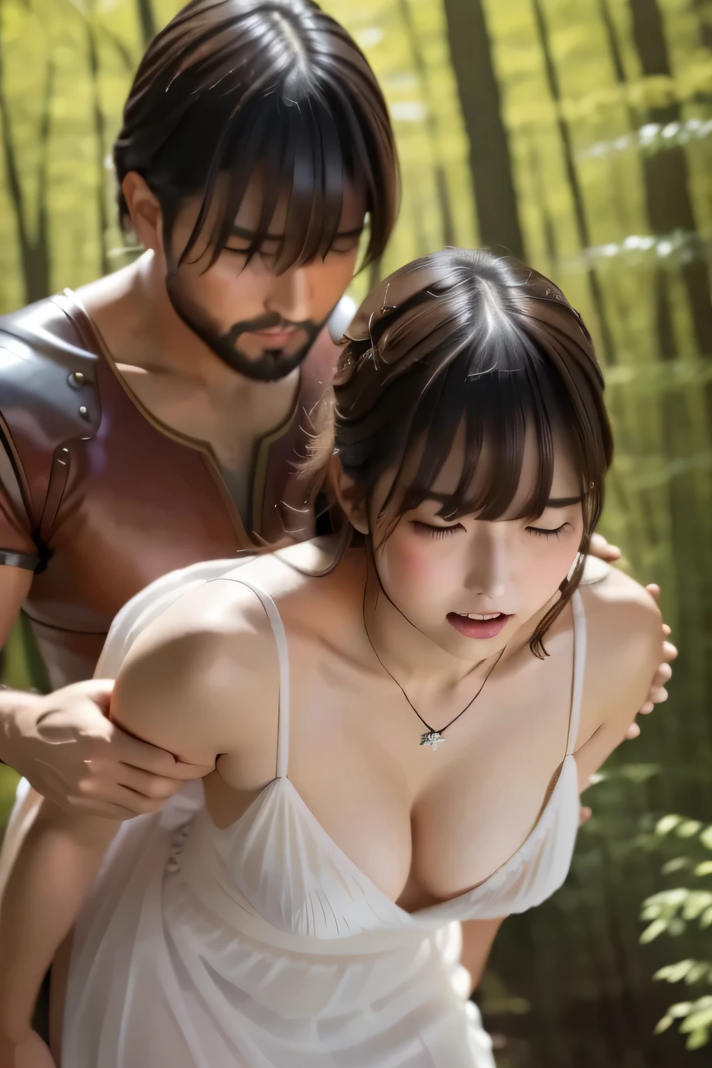 (nsfw)、(masterpiece、Best Quality、Ultra-high resolution)、(Perfect Face、Beautiful Face、Beautiful Eyes)、The clothes are see-through、Beautiful nipples、sweat、Man embracing a woman、Man grabbing arm、Man touching his chest、Shooting location、Lean forward、Watch this and cry、(Many men touching women)、The woman is leaning forward、Place your hands on the ground、Insert from behind、Side view、Castle、princess、Tiara、dress、Bracelet、necklace、Bearded man in armor、