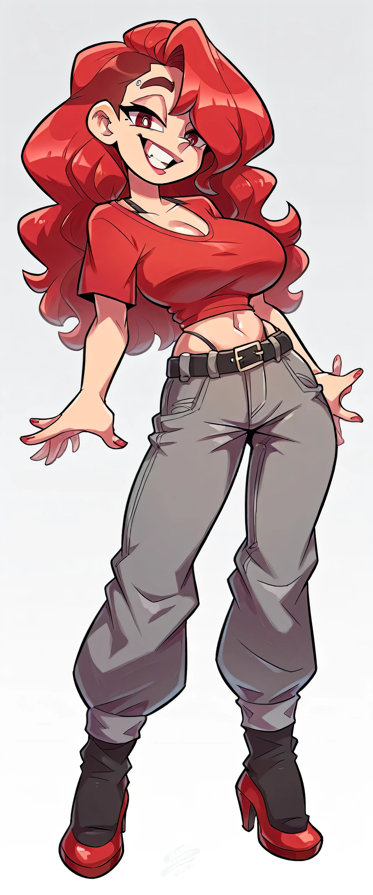 a young beautiful woman big breasts beautiful attractive sexy kind happy long wavy red hair her light red eye black eyebrow slim long pink lip wears long sleeved metallic red top shows belly button and dark grey pants black belt red heels without socks
