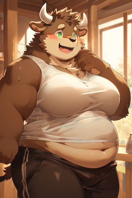 cow，Obese,  distracted, green eyes, brown fur, wearing a tight white tank top, black sweatpants,shirt slightly raised, massive breasts, huge breasts, breasts full of milk, showing the navel, heat, sweating, blushing, panting, laughing lightly, scratching the back of his neck, belly photo, Looking at the viewer, (3:4)