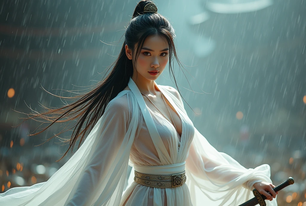 sword sakura,Predominant_Body,1 girl,arms,sword,black hair,flower petals,樱flower,long hair,Chinese clothes,vague,OK,hair accessories,Keep arms,looking at the audience,Keep sword,Keep,long sleeves,facial markings,single OK,flower, Outdoor sports,Best quality,masterpiece,illustration,extremely delicate and beautiful,CG,unity,8k wallpaper,amazing,fine details,masterpiece,official art,Very detailed CG unity 8k wallpaper,Extremely ridiculous,File size is large,super detailed,high resolution,Very detailed,Beautiful and delicate girl,actual,rain, wet, transparent silk hanfu, unbutton dress, big breast, ((show breast, show nipples, clean areola)), breast. Huge breast